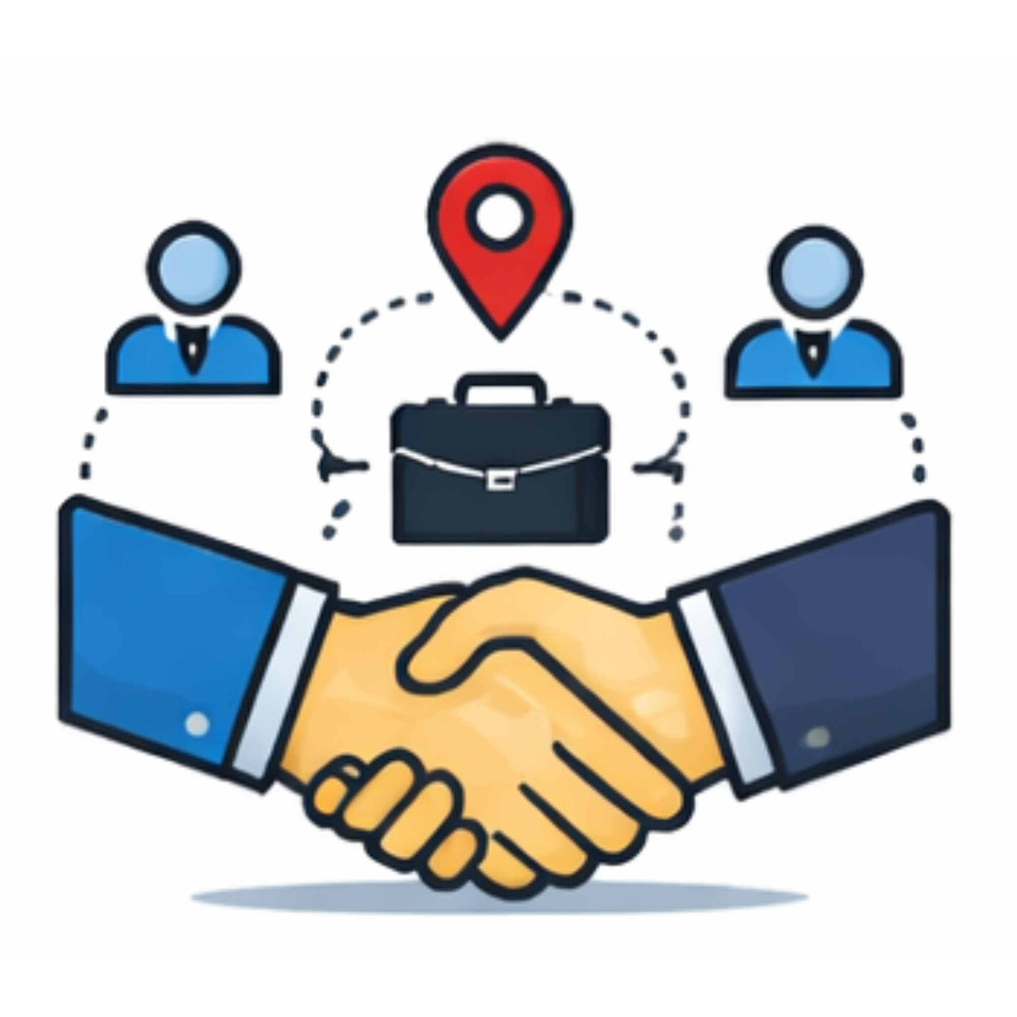 Handshake with briefcase and team icons representing recruitment partnership.
