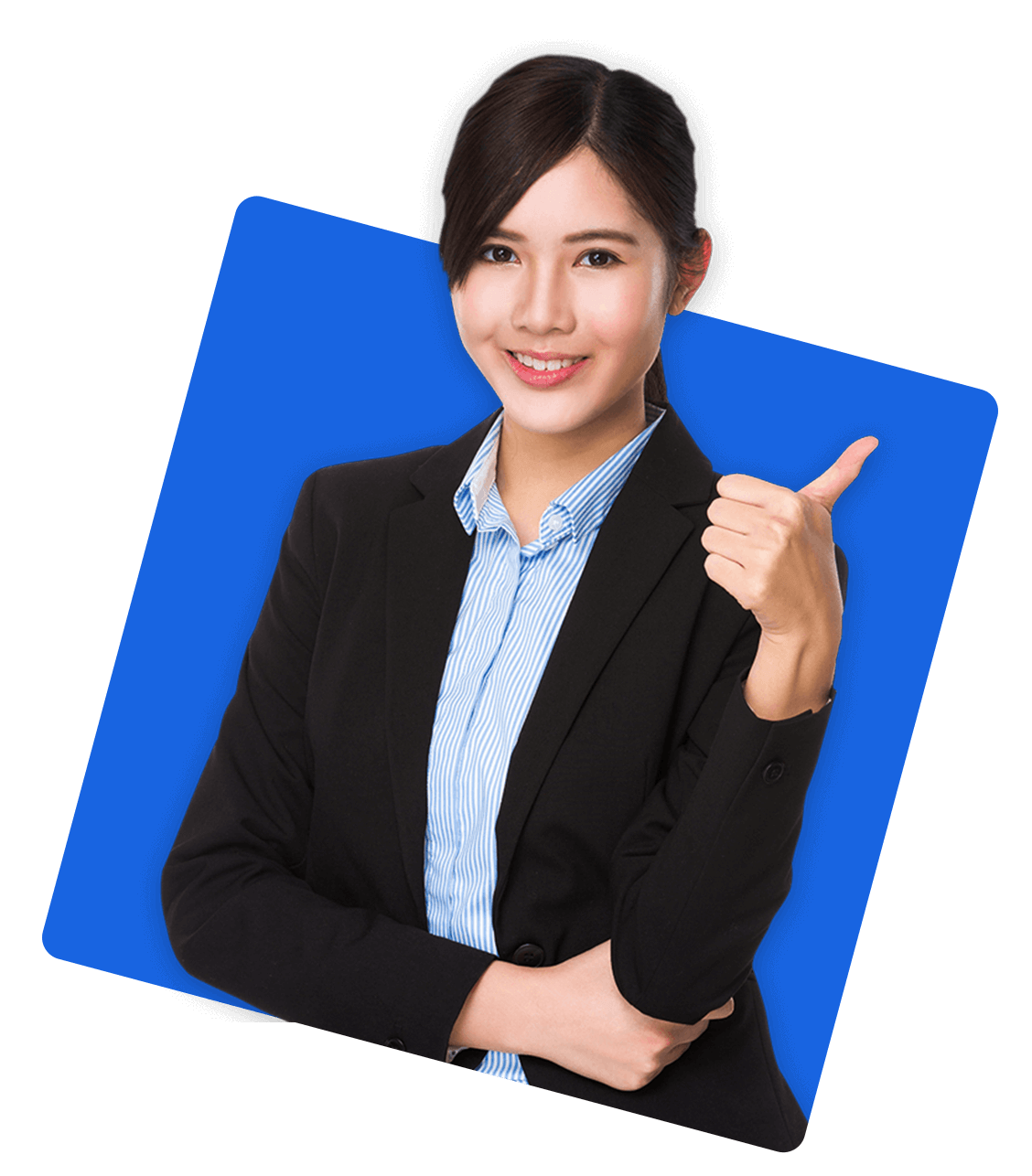 Smiling professional businesswoman giving thumbs up, representing job success and career opportunities.